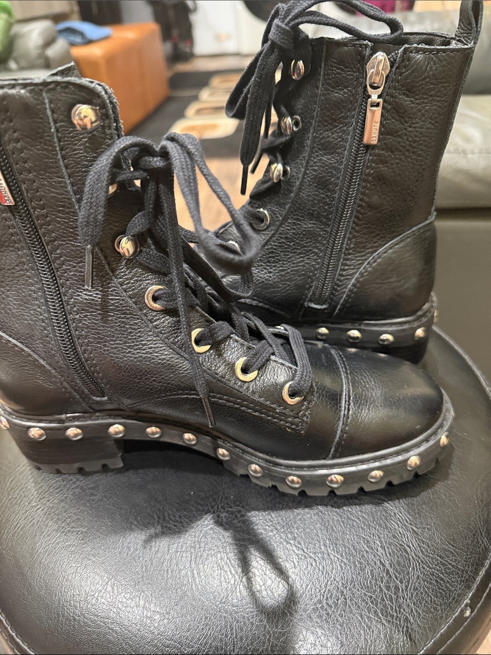 SCHUTZ Black Leather Studded Combat Boots